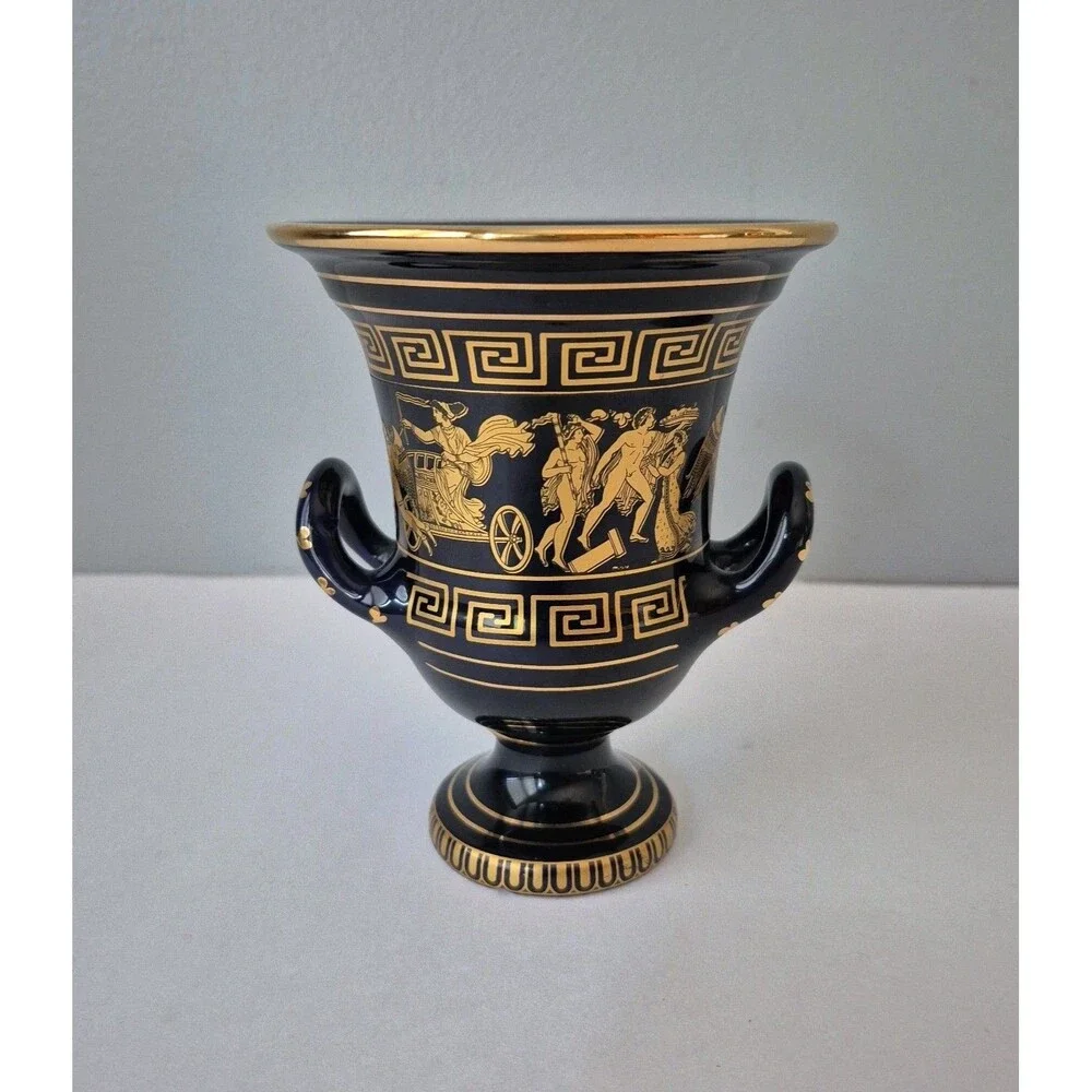 Spyropoulos Handmade Black and 24K Gold Inlay Double Handle Urn Vase 5.5 IN